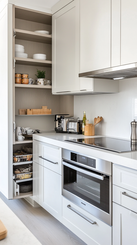 Modern small kitchen with white cabinets and a well-organized storage pantry, utilizing wall space effectively for a clean and functional design.