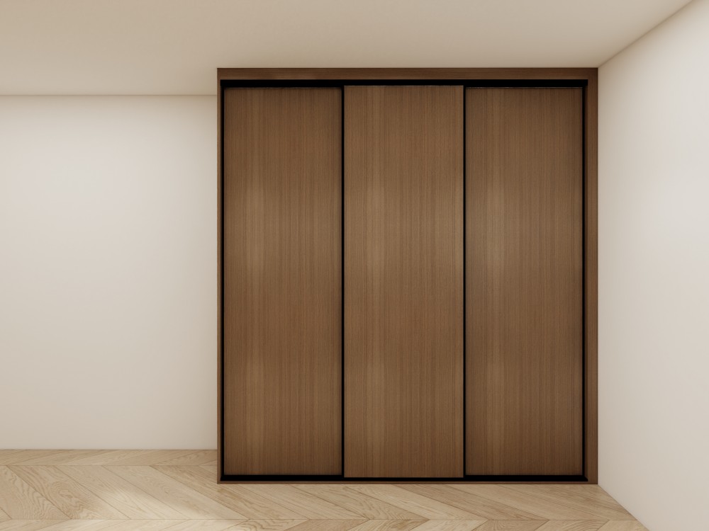 Wood finish sliding doors with a sleek design, featuring natural wood texture in a minimalist setting.