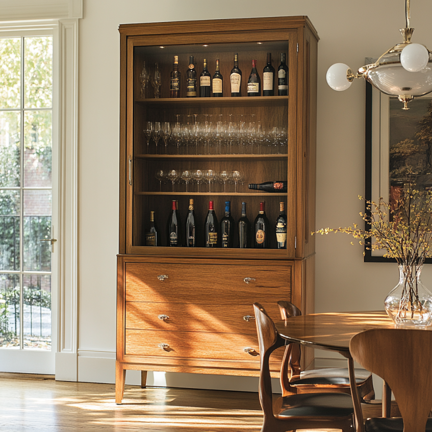 Wooden dining room bar cabinet with wine bottle display, glass shelving, and lower storage drawers