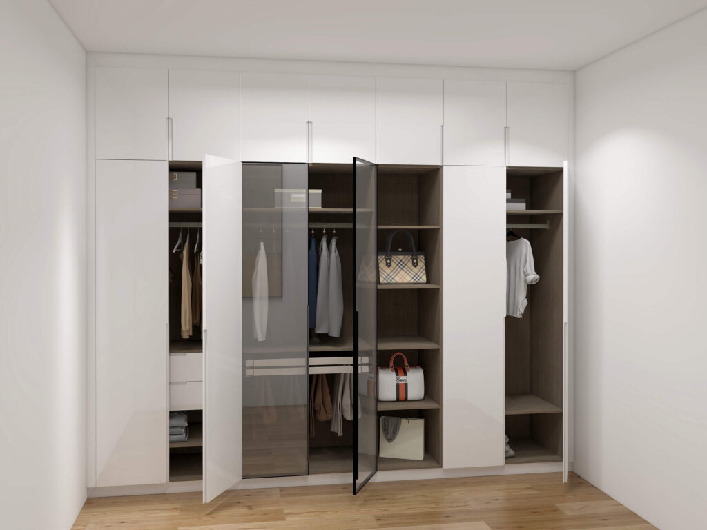 Modern built-in wardrobe system with hinged doors, offering efficient storage and stylish design integration.