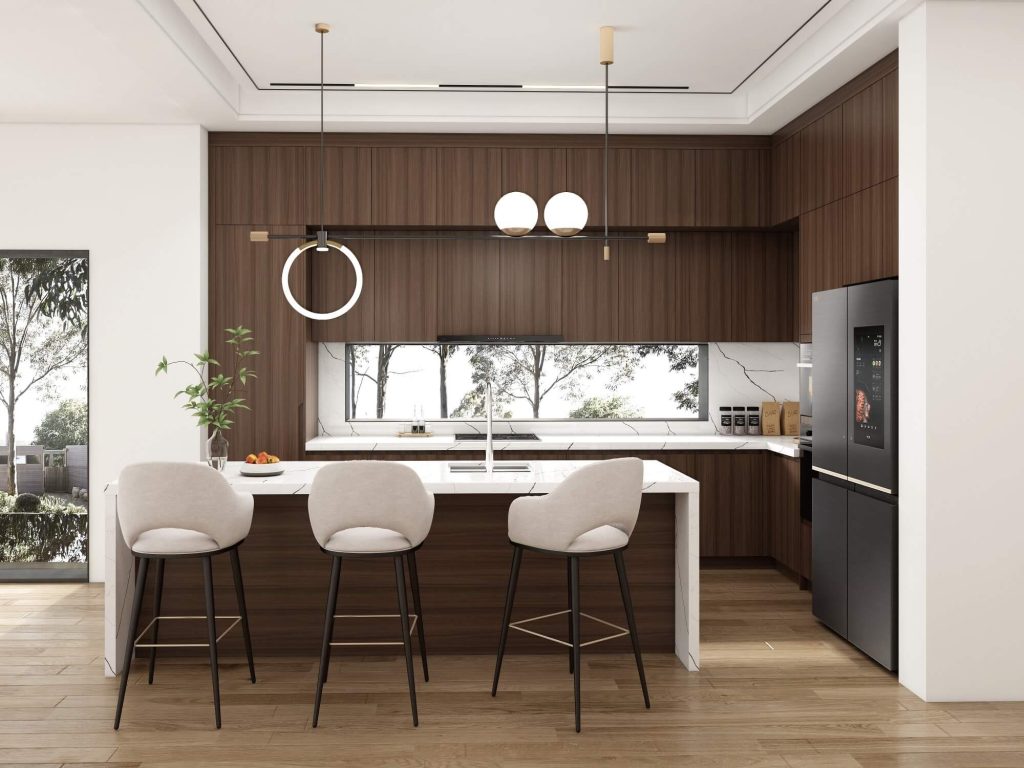 Contemporary kitchen featuring melamine kitchen cabinets and island, easy-to-clean surfaces for modern homes