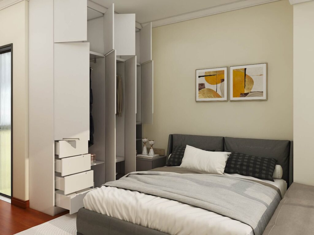 Compact bedroom with a hinged wardrobe designed for large-scale developer projects, featuring standardized designs and efficient storage.