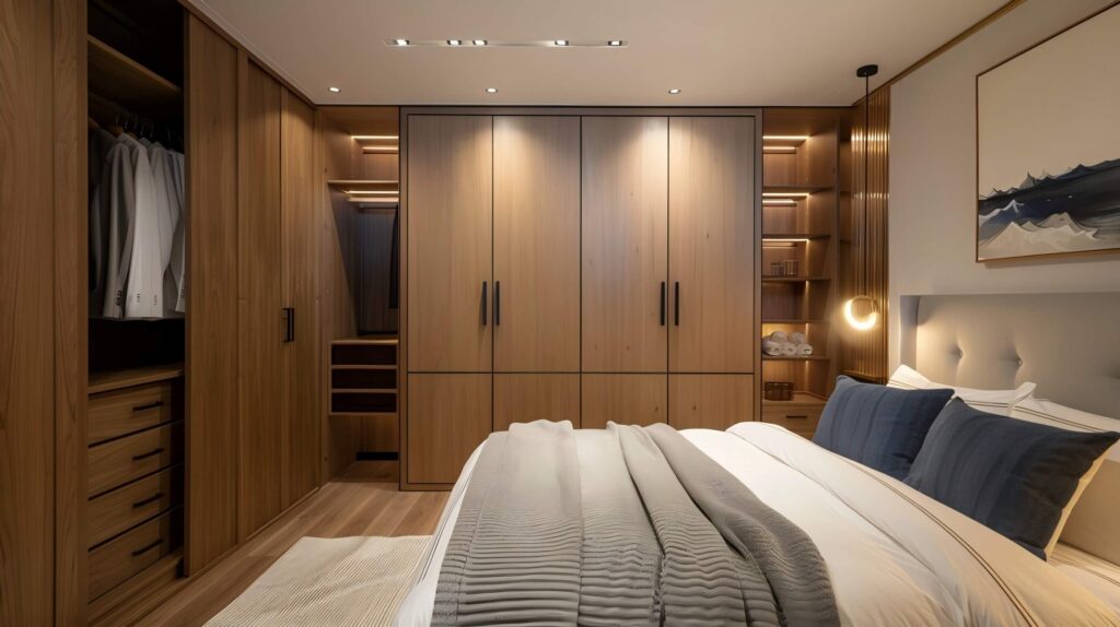 Modern hinged wardrobe in a bedroom designed for hospitality and commercial projects, offering durability and style.