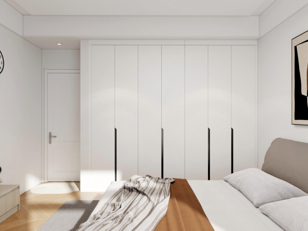 Modern bedroom featuring a sleek white hinged wardrobe with black handles and minimalistic design.