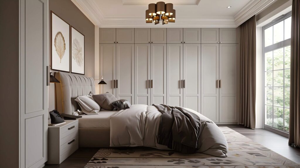 Stylish bedroom with a hinged wardrobe, offering efficient storage and a sleek design in a residential project.