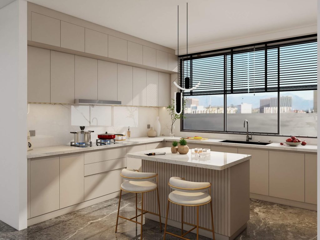 Modern kitchen with melamine kitchen cabinets and island, showcasing durability and sleek design for kitchen environments