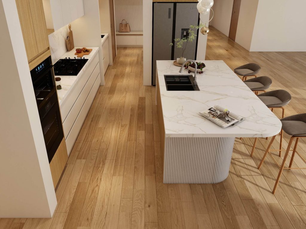 Modern kitchen with melamine kitchen cabinets, offering a clean and eco-friendly design with rich textures and surfaces