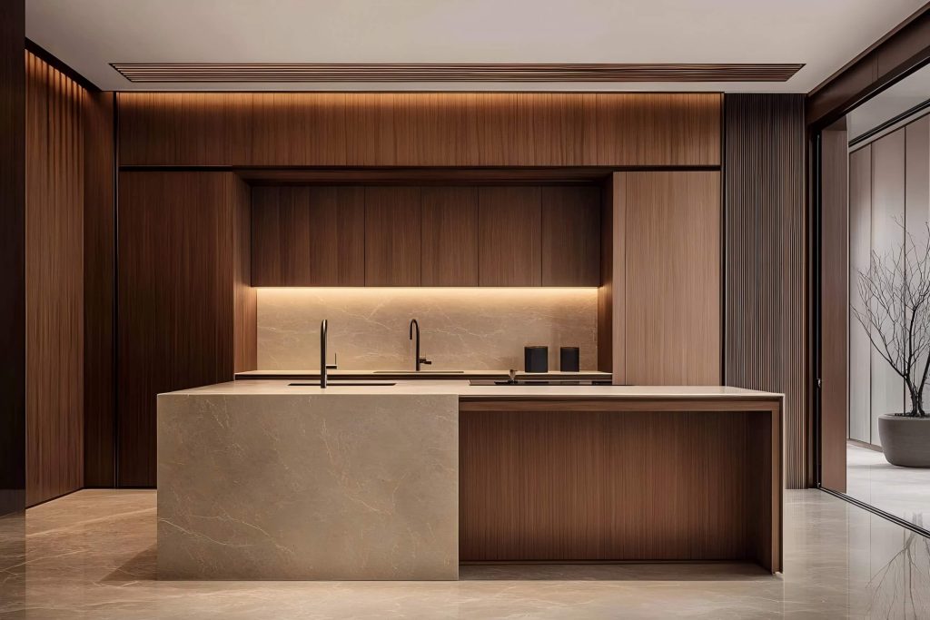 A modern kitchen featuring plywood cabinets with a sleek, textured wood finish and elegant lighting, combined with marble countertops.