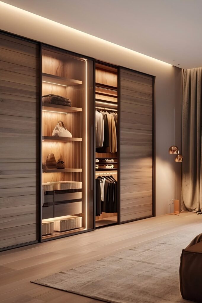 Modern sliding door wardrobe with LED interior lighting and German-engineered track system in contemporary bedroom