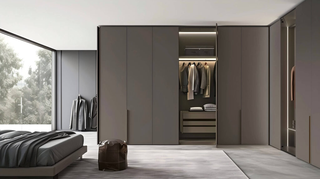 Modern bedroom featuring a hinged wardrobe with clean lines, integrated lighting, and minimalist design.