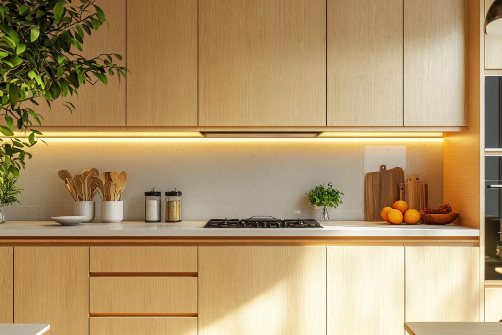 Modern kitchen with premium plywood kitchen cabinets, highlighting their natural wood texture and sleek design.