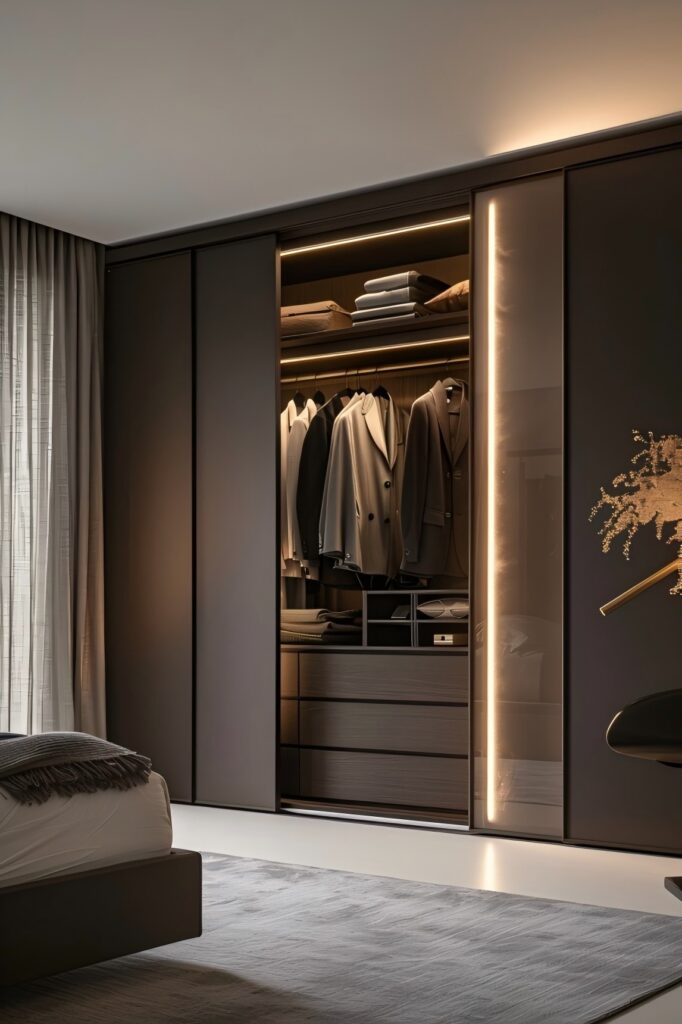 Luxury sliding door wardrobe with LED lighting and custom interior organization in modern bedroom