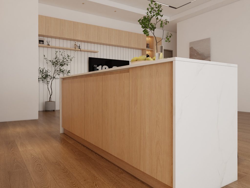 Modern RTA kitchen with wood and marble design, featuring sleek cabinetry and minimalist style.