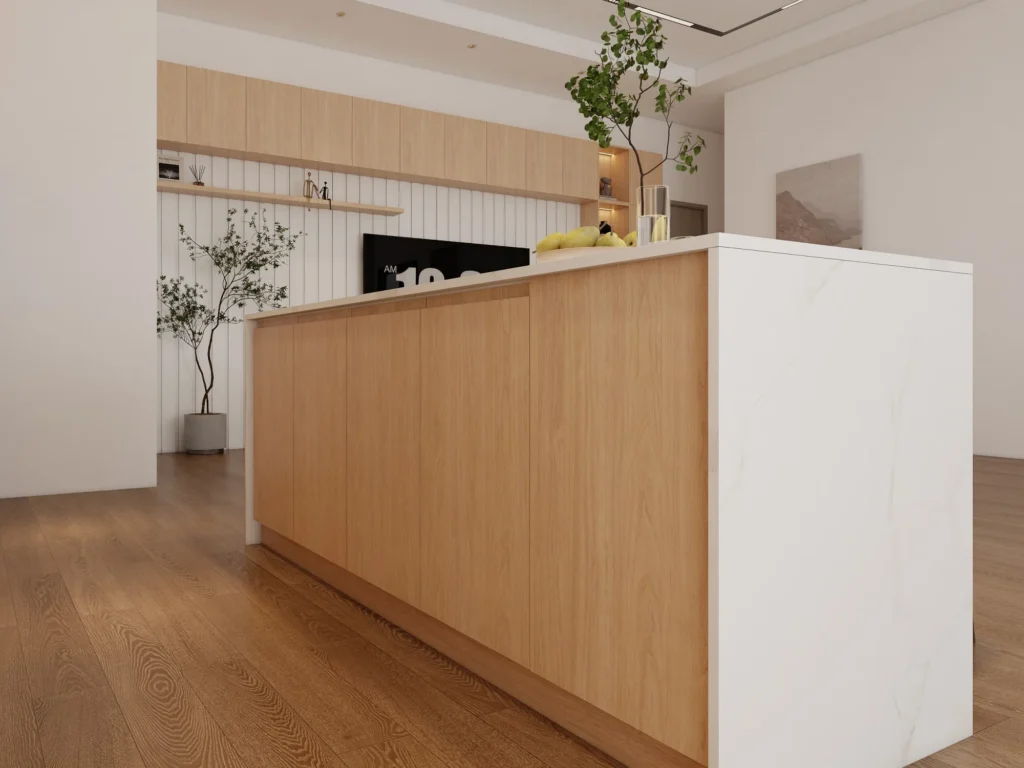 Modern RTA kitchen with wood and marble design, featuring sleek cabinetry and minimalist style.