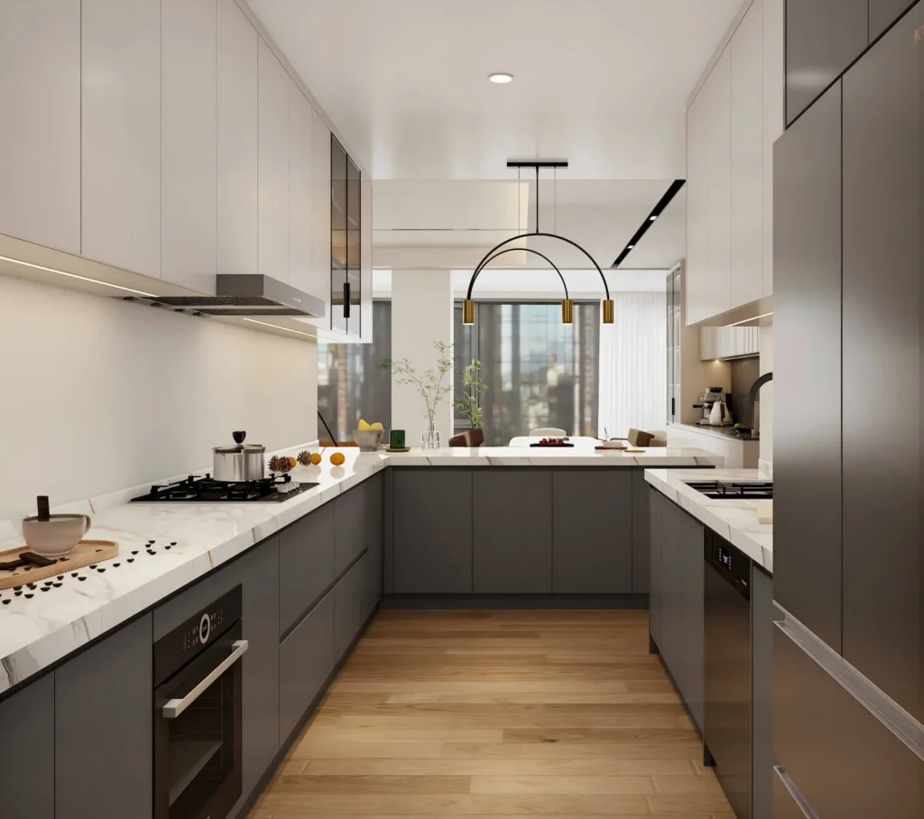 Stylish Semi-Custom Kitchen Cabinets featuring sleek gray cabinetry, modern fixtures, and spacious countertops.