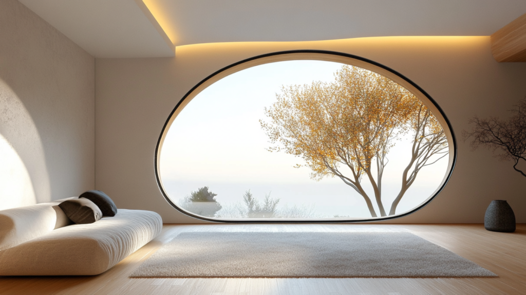 special shaped black window in the living room