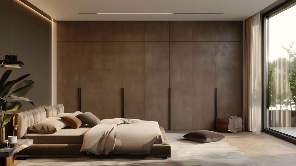 Modern bedroom with a standard hinged wardrobe featuring sleek black handles and warm wood tones.