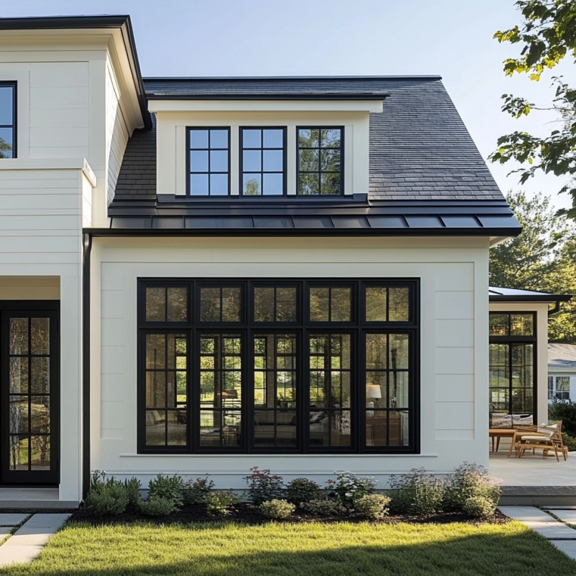white house with black framed windows deisgns