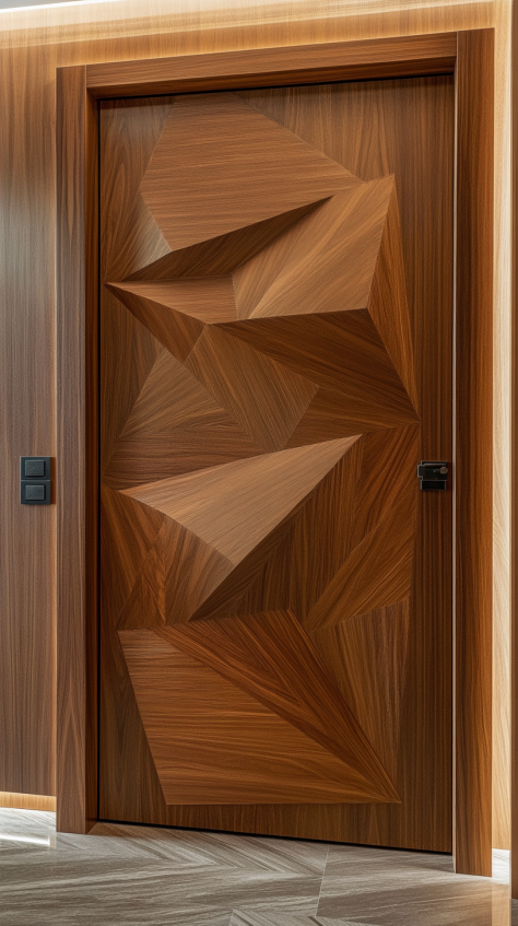 Contemporary wooden bedroom door with bold 3D geometric carvings, creating a dramatic visual effect.