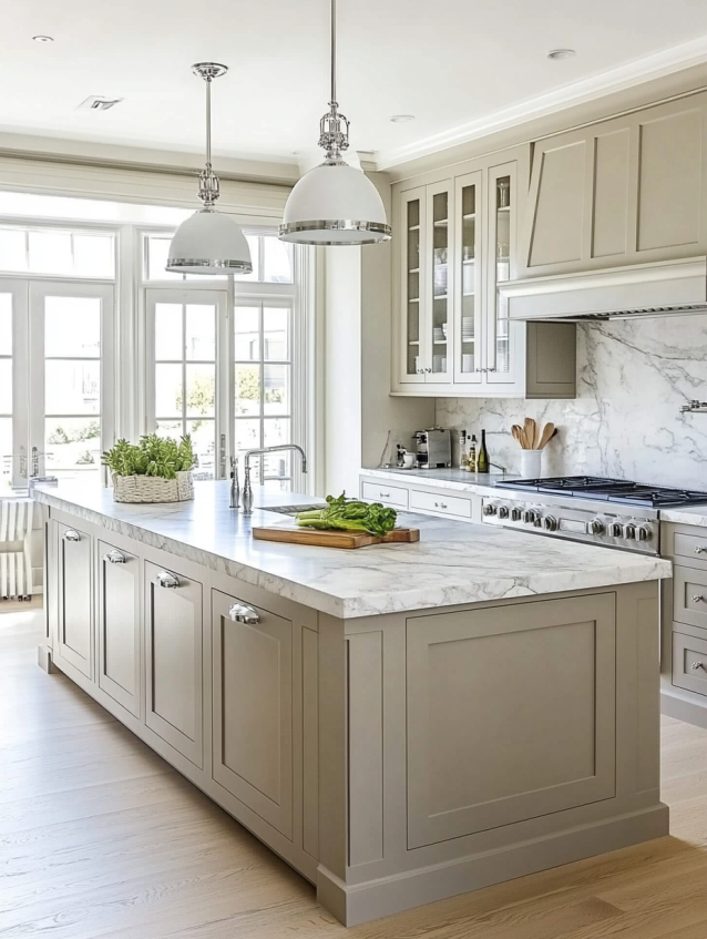 Greige kitchen cabinets with white countertops and high-end appliances