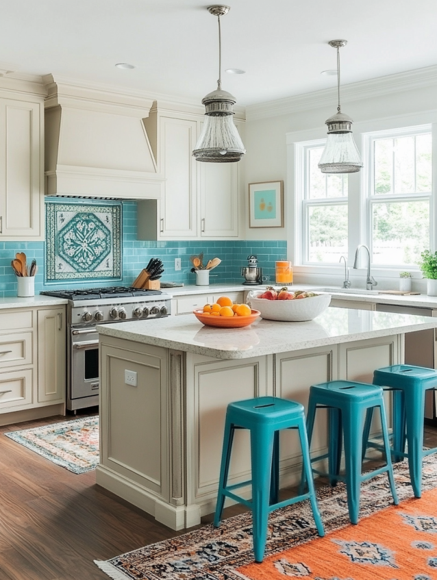 Greige kitchen cabinets with bold accent colors and modern lighting fixtures