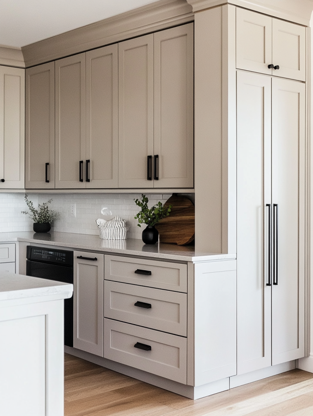 Greige kitchen cabinets with black hardware and modern design elements