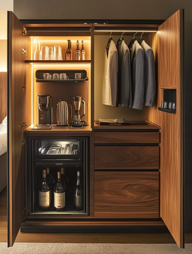 all-in-one hotel closet with minibar and coffee station