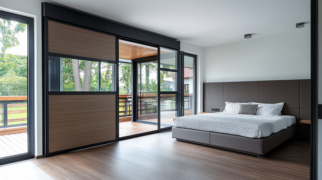 A sliding aluminum bedroom door with a contemporary design, seamlessly blending into modern living spaces.
