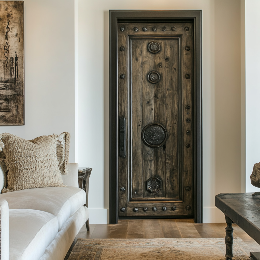Vintage wooden door with intricate detailing and rustic knobs, set in a bright, stylish living room.