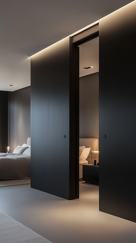 A hidden black sliding bedroom door that seamlessly integrates into the wall, offering a modern and sophisticated touch.