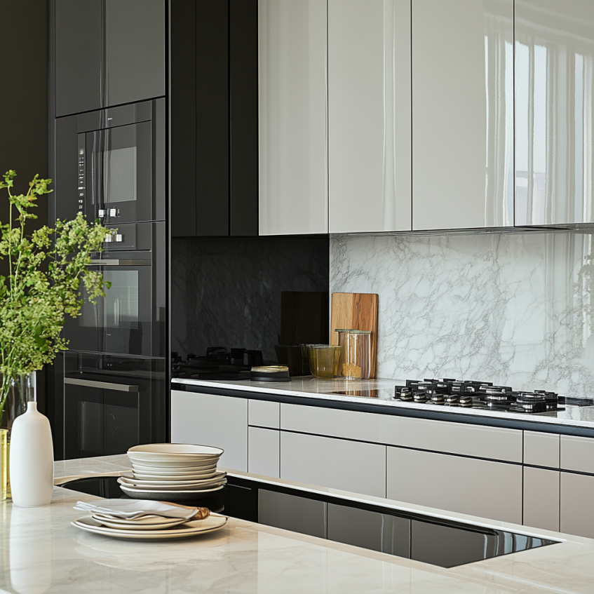 Elegant kitchen with black and white frameless cabinets and marble backsplash.