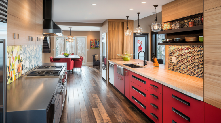 Modern kitchen with bold red frameless cabinets and a colorful backsplash.