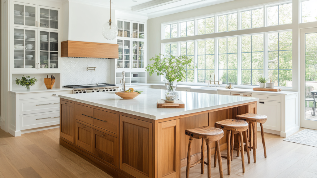 Bright kitchen with combination island featuring a wood base and white countertop, glass‑front cabinets and large windows.