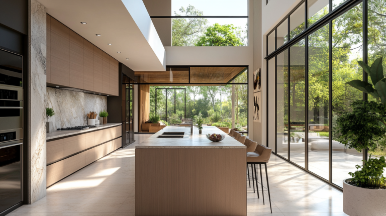 A spacious kitchen with large windows and abundant greenery, embracing biophilic design principles.