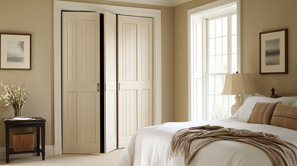 Cream-colored bi-fold bedroom doors that blend seamlessly with modern decor, offering both style and functionality.