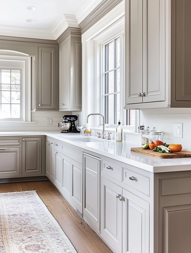 U-shaped kitchen with classic greige cabinets and white quartz countertops under large windows