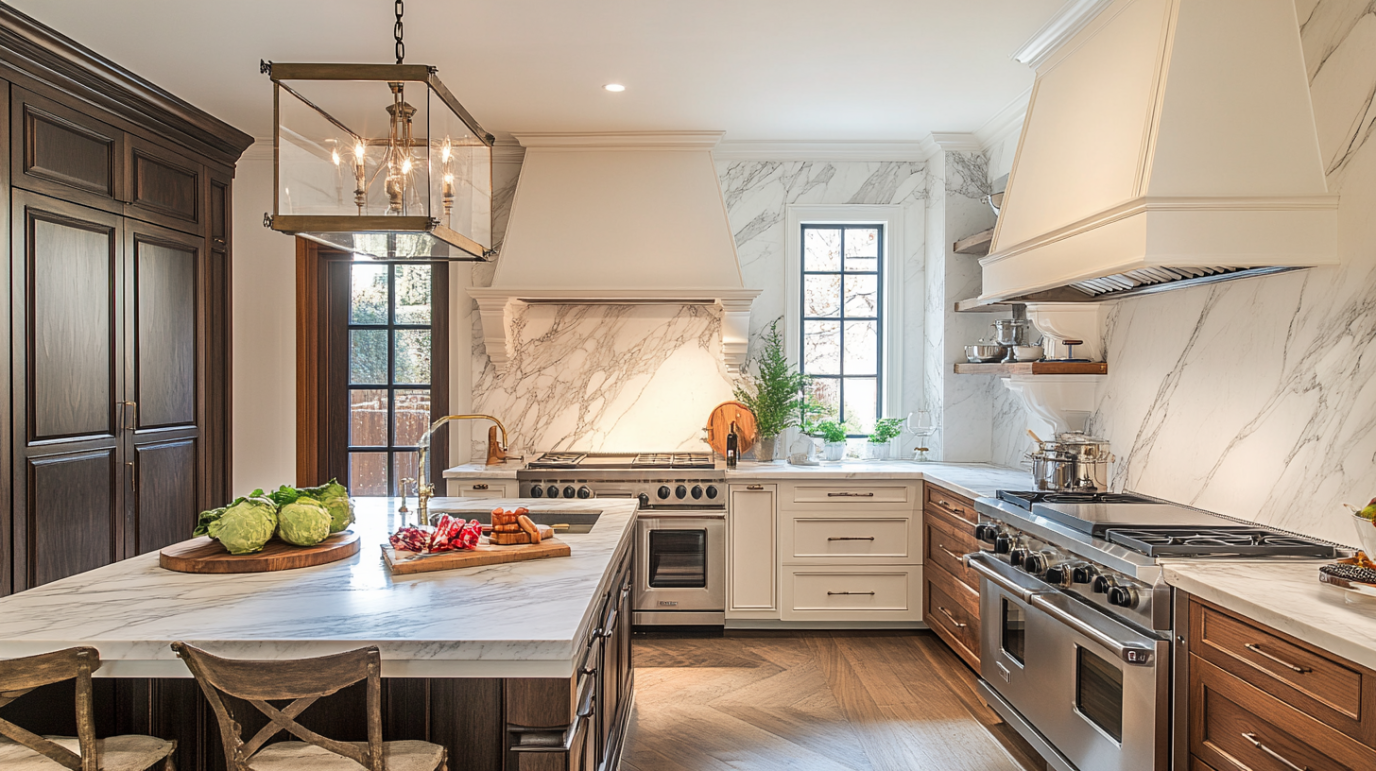 Bright luxury kitchen interior with marble countertops and island, dark wood cabinets, and brass lantern pendant lighting.