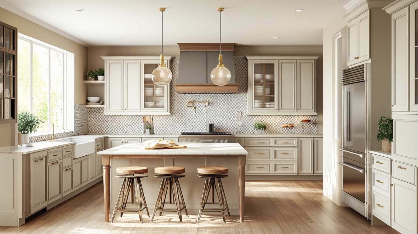 Classic modern luxury kitchen with cream cabinets, marble island, wooden bar stools, glass pendant lights, and mosaic tile backsplash.