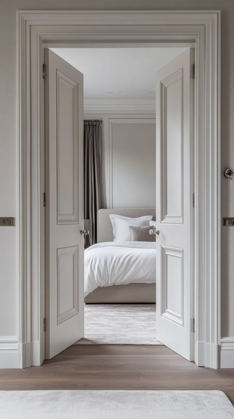 Classic white double doors with elegant panel detailing, perfect for bright and airy bedroom interiors.