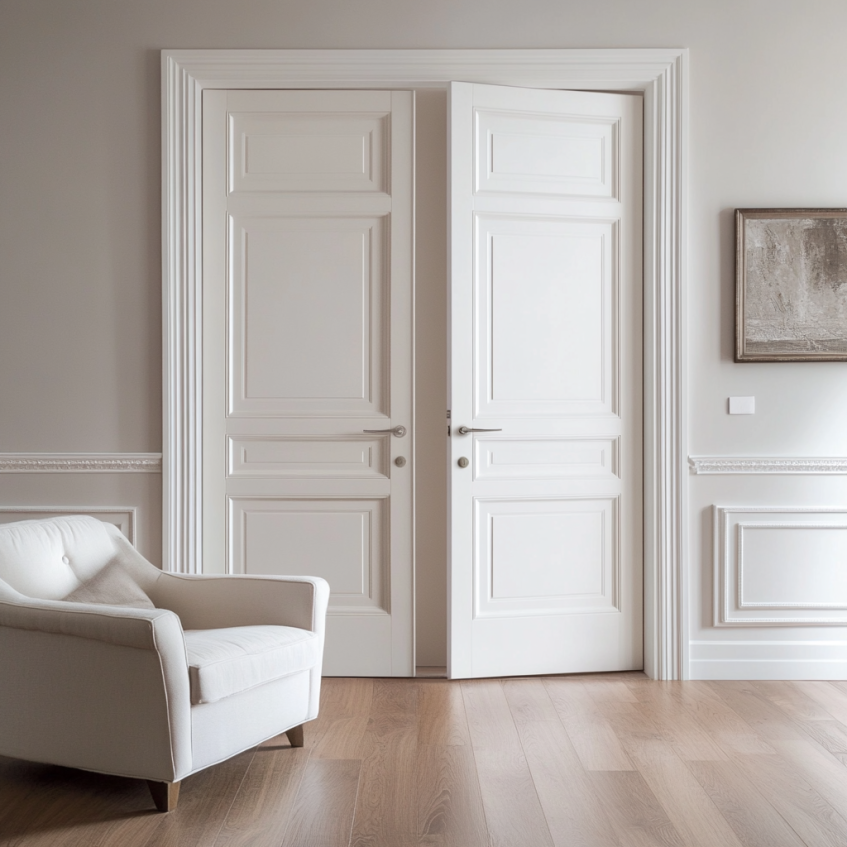 Classic white interior double doors opening into a minimalist living room with soft lighting and natural wood flooring.