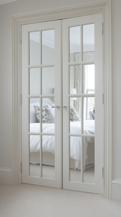 A classic set of white French mirror bedroom doors, offering both style and functionality to enhance bedroom interiors.