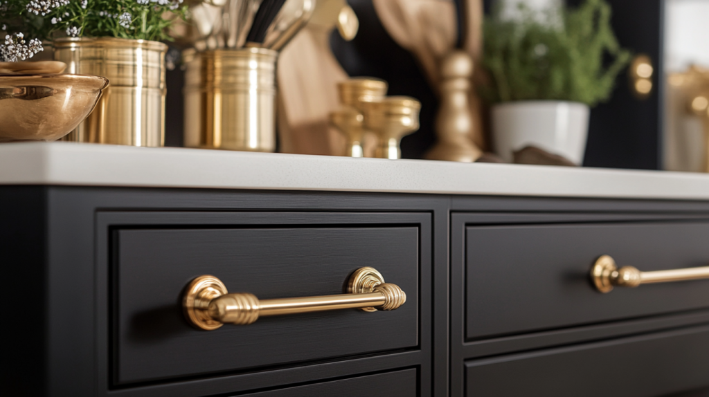 Close-up view of black kitchen drawers with elegant brass handles and modern kitchen accessories.