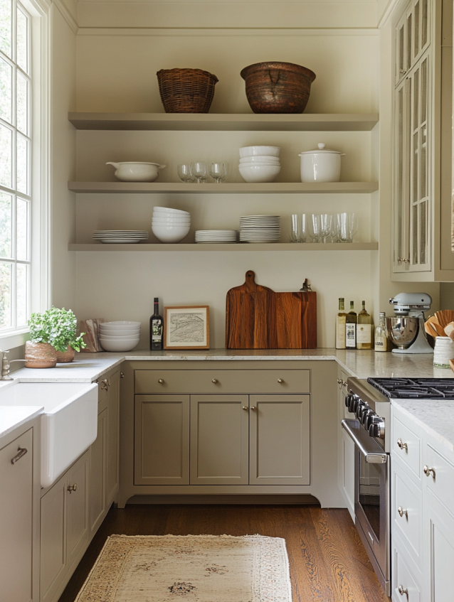 Greige kitchen with open shelving and modern storage solutions