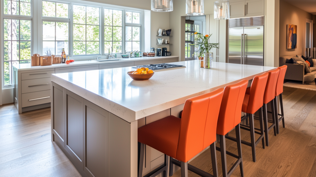 A compact kitchen island with a white marble countertop, perfect for smaller kitchens or as an additional prep area.