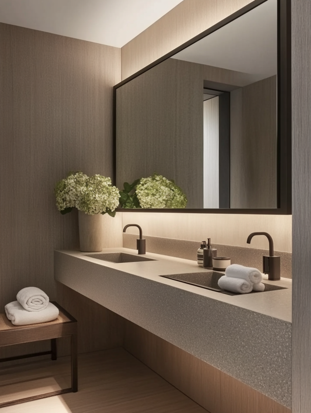 A minimalist bathroom design featuring a large mirror with subtle LED lighting, a modern sink, and elegant countertops.