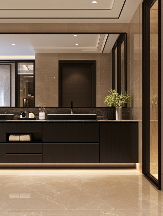 Contemporary bathroom with a modern sink, elegant vanity, and ambient lighting.