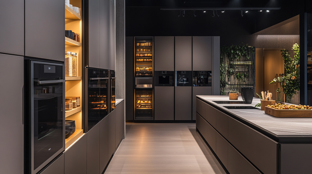 Contemporary luxury kitchen with matte black cabinets, large kitchen island, built-in appliances, and warm ambient lighting.