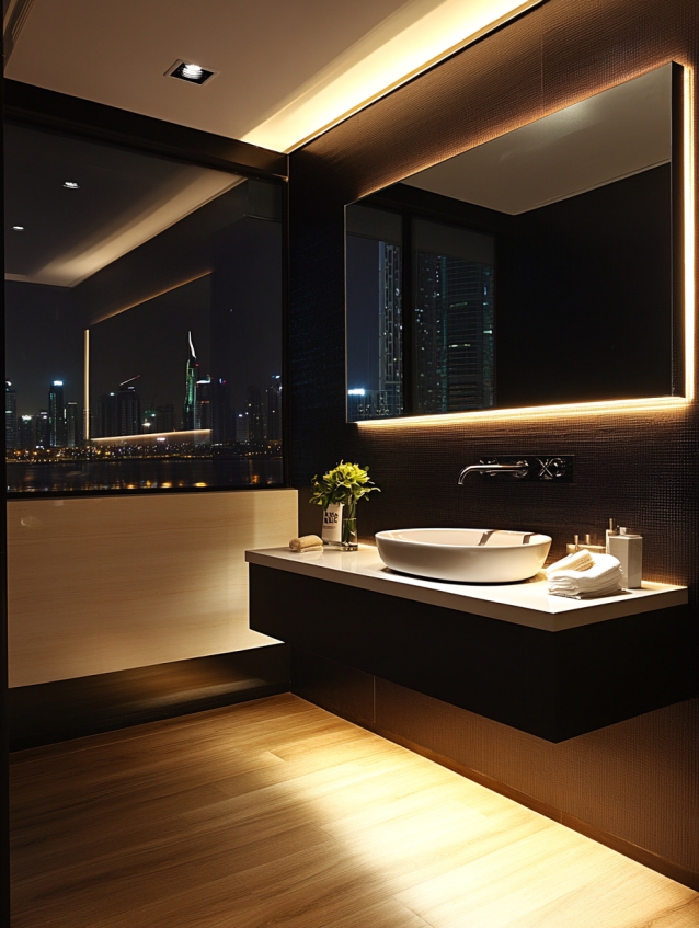 Contemporary hotel bathroom vanity with vessel sink, city view, and illuminated mirror.