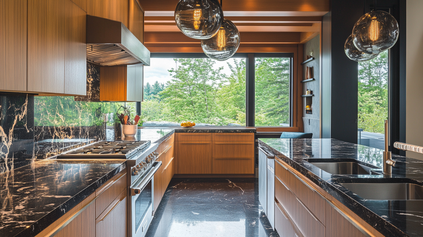 Contemporary kitchen with dark marble countertops, light wood cabinets, and globe pendant lights set against large windows overlooking trees.