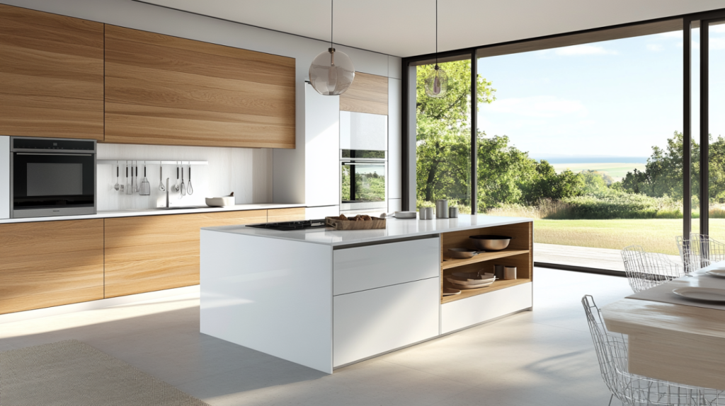 A sleek, modern kitchen with a combination of natural wood cabinets and white upper cabinetry.